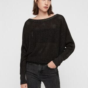 All‎ Saints Women's Elle Metallic Jumper Black Open Knit Batwing Top XS